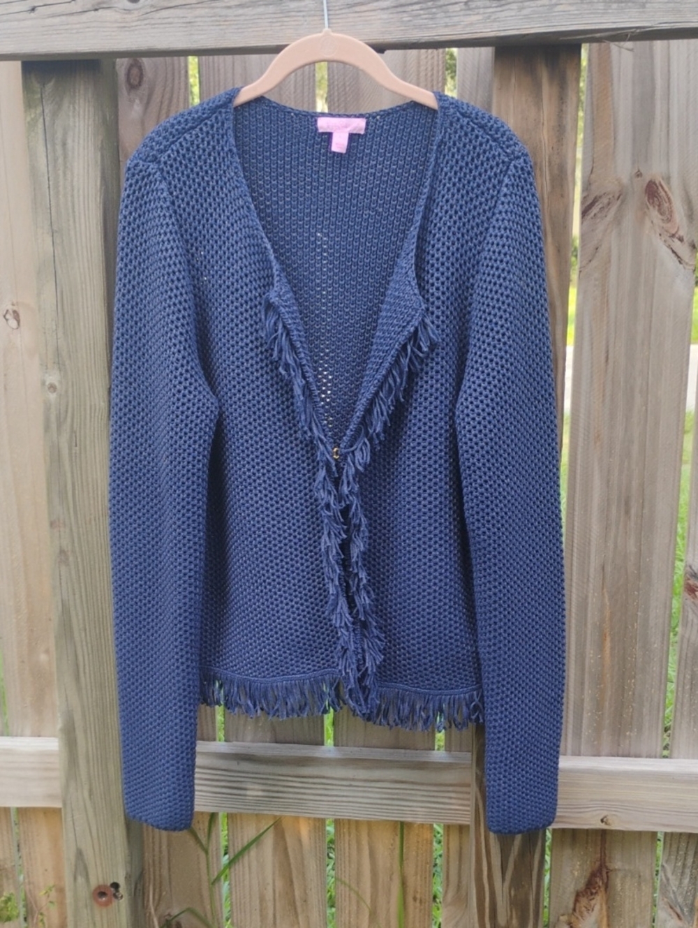 Lilly Pulitzer Navy Fringe Open-Front Knit Cardigan